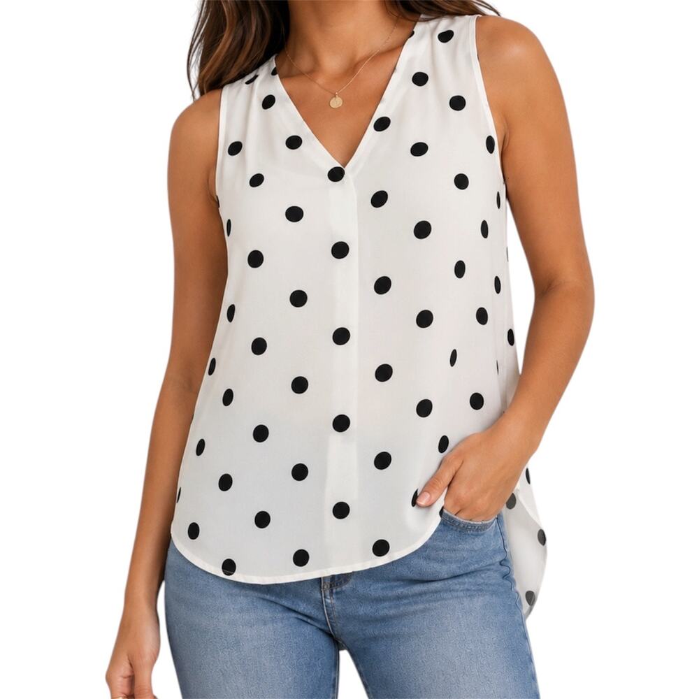 Y2K Black White Polka Dot Sleeveless Blouse Sheer V Neck Tank Top Size Large